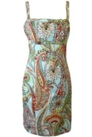 TOMMY BAHAMA Sunset Paisley Dress Light Blue Lime Green Sleeveless Cotton Sheath