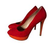 Schutz  Colorblock Leather High Heel Shoes Red Orange Pointed Toe Women Size 5 B