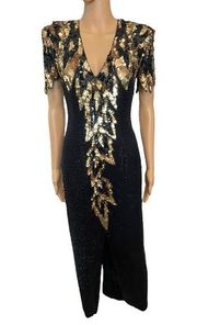 Black Tie Silk Gaudy Glitz Glam Hollywood Formal Special Occasion Beaded Dress