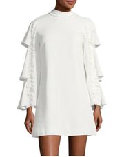 Marianne White Tiered Bell-Sleeve Crepe Mini Shift Dress Ruffled Trim, S