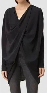 NWT ALLSAINTS ITAT ASYMMETRICAL TOP Black 100% Silk 100% Merino Wool Shrug XS