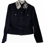 St. John Sport Denim Jacket Black White Flip Cuff Retro Print Floral Small