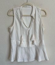 Marie Oliver Silk Ivory Sleeveless V Neck Tassel Blouse