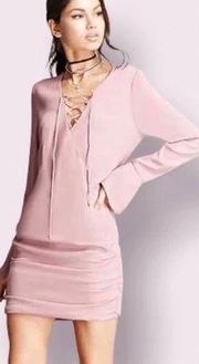 Line & Dot Revolve Lace Up Mauve Pink Ruched Bodycon Mini Dress | XS