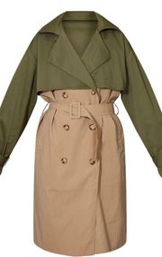 NWT PrettyLittleThing | Khaki Contrast Oversized Belted MIDI Trench | Size 8