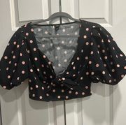 Black Puff Sleeve Crop Top With Pink Polka Dots