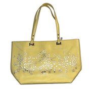 Nine West Ava Faux Leather Tote Bag Purse Floral Laser Cut Design Yellow Silver