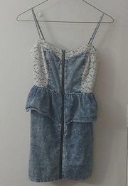 Mimi Chica Exposed  Zip Front Peplum Lace Denim Dress 90s Retro Size S