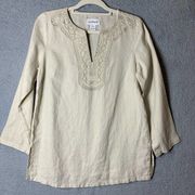 Peck & Peck Top Womens Small Beige Embroidered Split Neck Tunic 100% Linen
