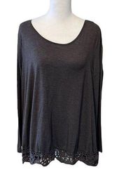 Cecico LS brown flowy T-shirt w/ crocheted trim super cute GUC