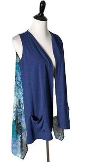 LOGO Lori Goldstein Open Front Cardigan Sheer Back Pockets Blue Hi Low Size S