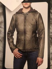 New With Tags  Collection Scuba Style Faux Leather Jacket With Ribbed Panels & Knit Removable Hood Size Small (4-6)  Grey