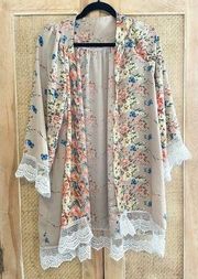 Floral Kimono Robe Duster Taupe Tan Size Large Cover Up Boutique