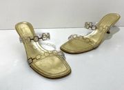 Casadei Gold Kitten Heel Grecian Square Toe Sandals 9