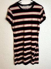 Pam & Gela Striped T-Shirt Dress With Torqued Seam Womens Size Medium Pink Black