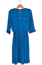 Vintage  Teal Purple Pocket Dress Elastic Waistband Cuff 3/4 Sleeve