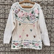 Vintage 90s Casual Corner pastel ribbon embroidered floral sweater