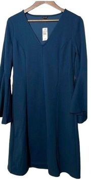 Ann Taylor Dress V-Neck Flare Bell Sleeve Teal Blue NWT ST Small Tall