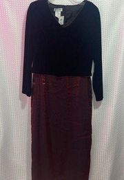 Worthington Long Black Crush Velvet Empire Dress Burgundy  Long Sleeves New 8P