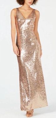 Nightway Rose Gold Sequined V-Neck Sleeveless Maxi Dress Gown size 14 Petite