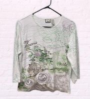 Caribbean Joe botanical whimsical green white beaded top sz medium