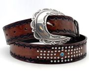 Tony Lama Brown Tooled Leather Silver Studded Western Belt Women’s Size Large