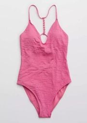 Aerie Jacquard V Scoop One‎ Piece Swimsuit Pink