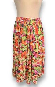 Vintage White Stag Skirt Orange Red Tropical Hibiscus Floral Tiered Cotton Maxi