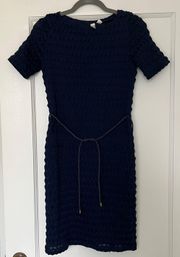 Navy Blue Ruffled Short Sleeve Bodycon Dress with Waist Tie Size Medium