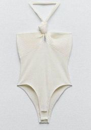 White Ribbed Halter Bodysuit Size Large