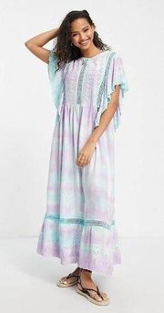 NWT RAGA Sweet Tooth Tie Dye Eyelet Crochet Lace Maxi Summer Dress Pastel S