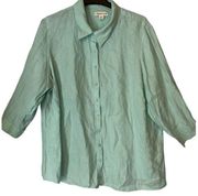 COLDWATER CREEK Top Womens 2X Green Linen Button Front Collar 3/4 Roll TabSleeve