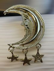 CELESTIAL CRESCENT MAN MOON SHAPE WITH DANGLING STARS PIN BROOCH GOLD TONE