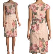 Monique Lhuillier Cap-Sleeve Floral-Print Lace Cocktail Sheath Dress Size 14 US