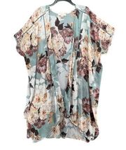 Band Of Gypsies Kimono Womens XS/S Sage Gold Floral Open Front Poncho Cover Up