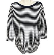 Navy Blue and White Striped  Bateau Neck Ribbed Trim Sweater 1X