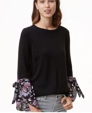 Loft Women's Black Sweater Mix Media Floral Bell Cuffs Medium