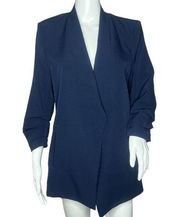 Bishop + Young Blazer Womens Medium Navy Blue Open Front Ruched Sleeve Loose Fit