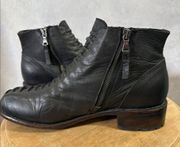 John Fluevog Babette Ankle Boot Faux Laces Black Leather Wide Shoe Boho Eclectic