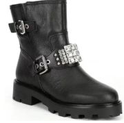 Karl Lagerfeld Martina Leather Rhinestone Studded Lug Sole Moto Boots 6