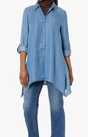 Zac & Rachel Extra Long Button Front Collared Blouse Tab Sleeves tunic M…