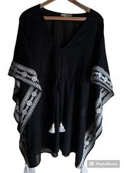 Tory Burch Ravena Caftan Beach Cover-Up Black V-Neck Tassel Detail