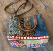 Desigual Shoulder Bag Purse w/ Floral Patterns Embroidered Shells Lining Denim