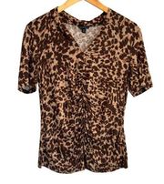 Lafayette 148 Animal Print Gathered Front Short Sleeve T-shirt - size Medium