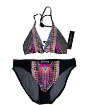 La Blanca 2 Piece Bikini Top Bottoms Black Multi Boho 10