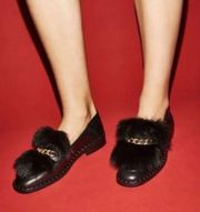 Maje Black Felix Leather Loafers with Removable Faux Fur Gold Chain EU Size 36