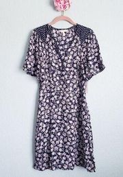 Rebecca Taylor Silk Blend Navy Floral‎ Print A-Line Dress