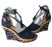 Cabi Sandals Womens 6 M Blue Suede Multicolor Isla Espadrille Aztec Wedge Shoes