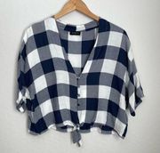 Women’s Navy Blue White Checkered Button Up Tie Front Blouse Top Small