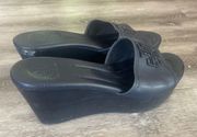 Leather Wedge Slip on Sandals Navy Blue